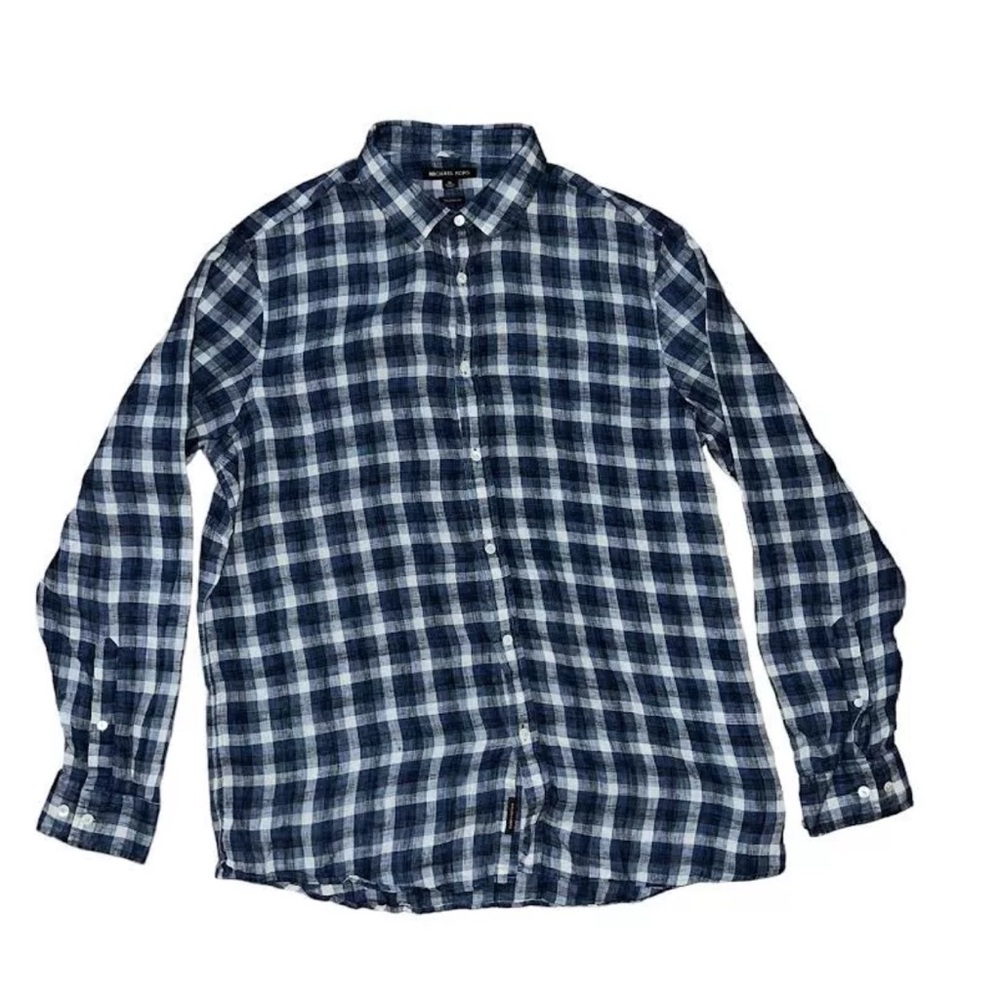 Michael Kors 100% Linen Plaid Shirt Tailored Fit Button Down Long Sleeve Size L